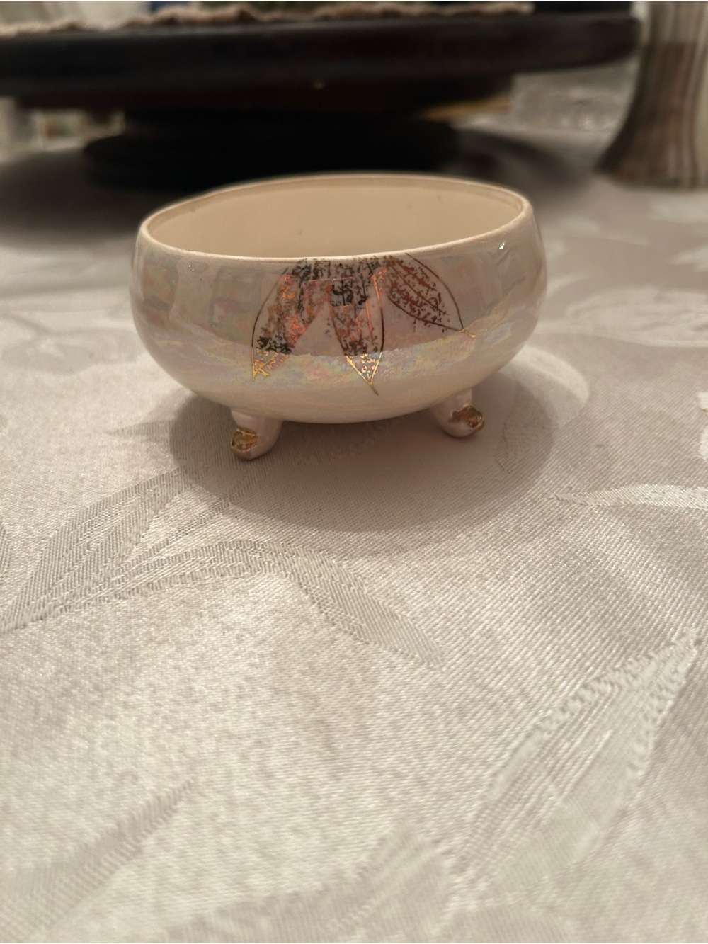 Vintage white holographic trinket dish gold leaf details